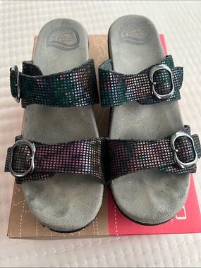 Dansko Multicolor Metallic Grid Leather Slide Sandals